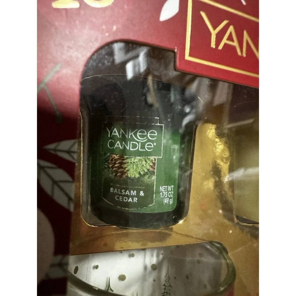 Yankee Candle Holiday Sampler Glass Votive Holder  Balsam, Cookies, Cinnamon NIB